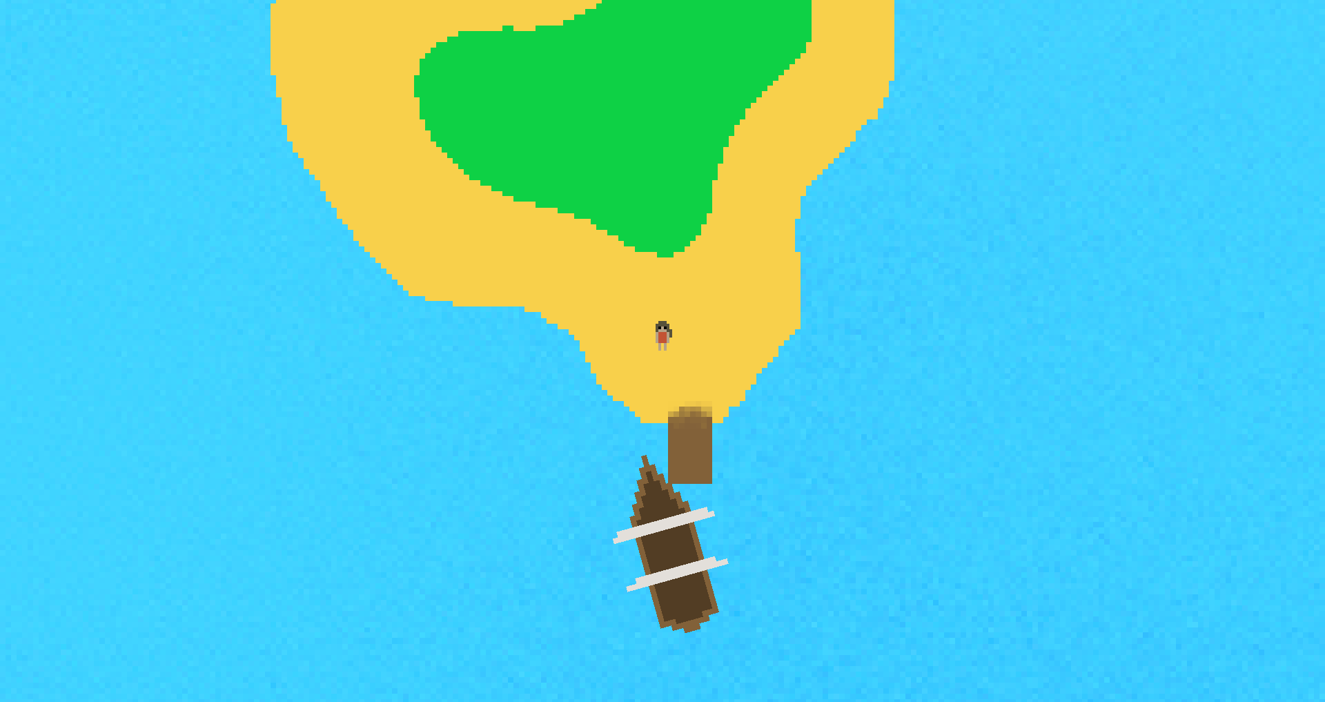 Water World Remastered. A top down view of a docked boat on a small island. A person in a red shirt is standing on the island.